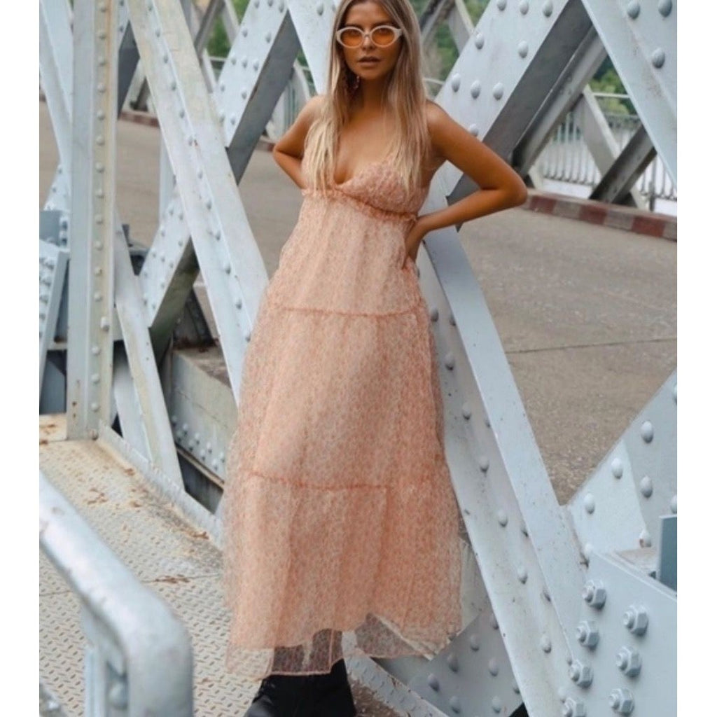 ZARA Organza Pink Peach Floral Maxi Dress Tiered Sundress Summer Vacation Medium