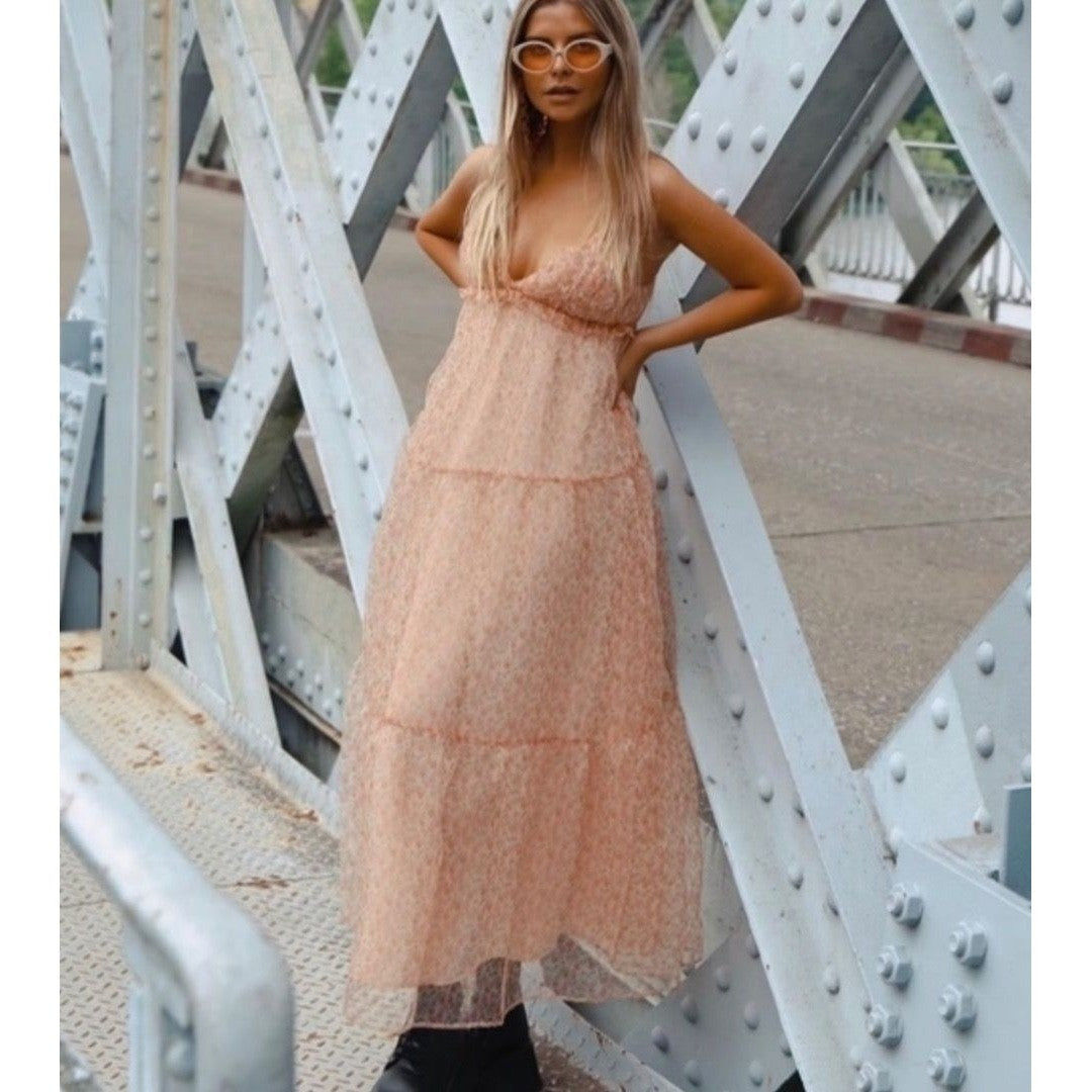 ZARA Organza Pink Peach Floral Maxi Dress Tiered Sundress Summer Vacation Medium