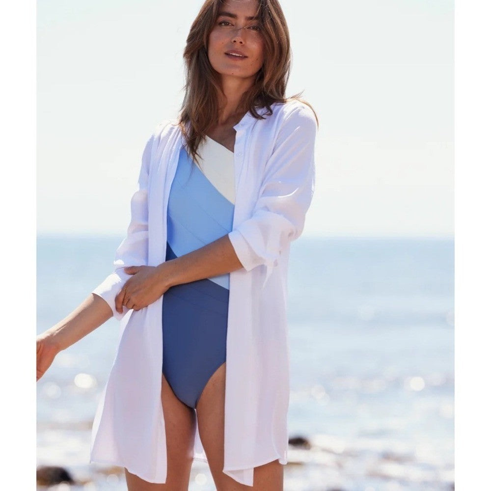 SUMMERSALT The Silky Luxe Short Effortless Shirtdress Cover-Up Solid White XS