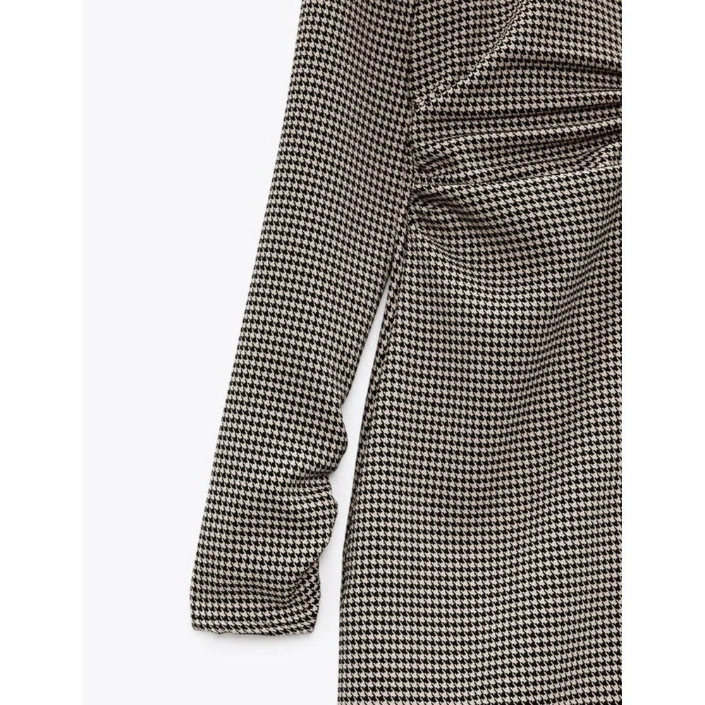 ZARA Houndstooth Black Tan Shirtdress Ruched Preppy Plaid Shirt Dress Medium