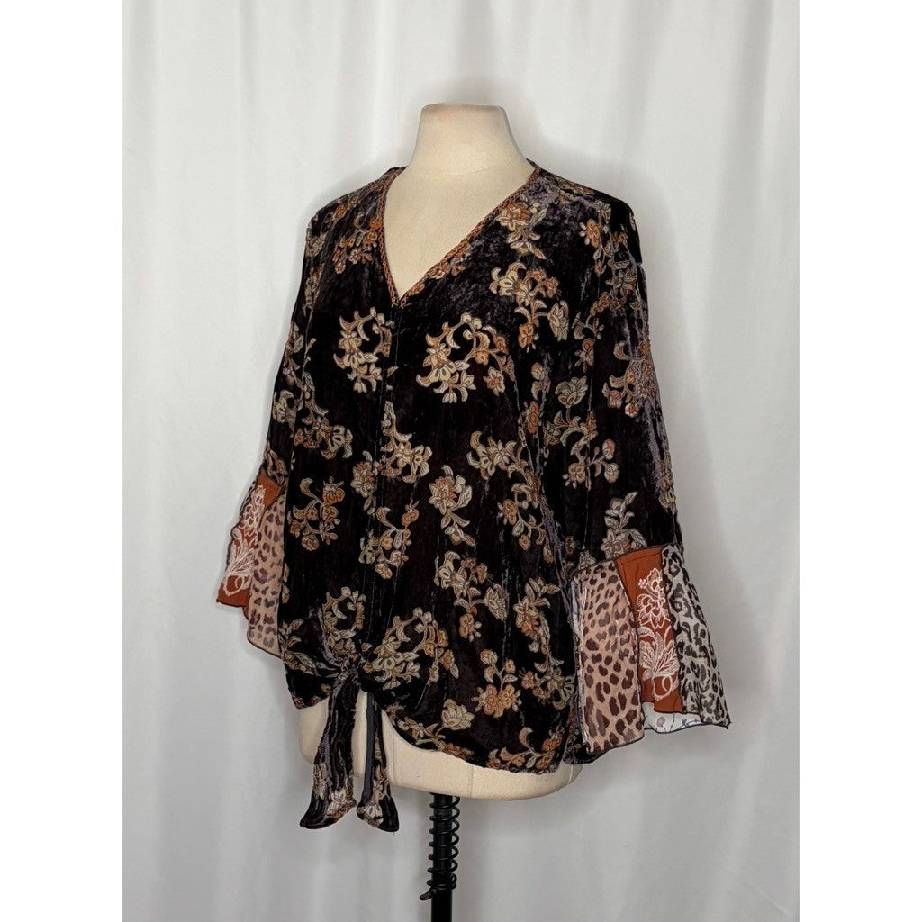JOHN MARK Floral Velvet Burnout Animal Bell Sleeve Blouse Top Tie Waist Large