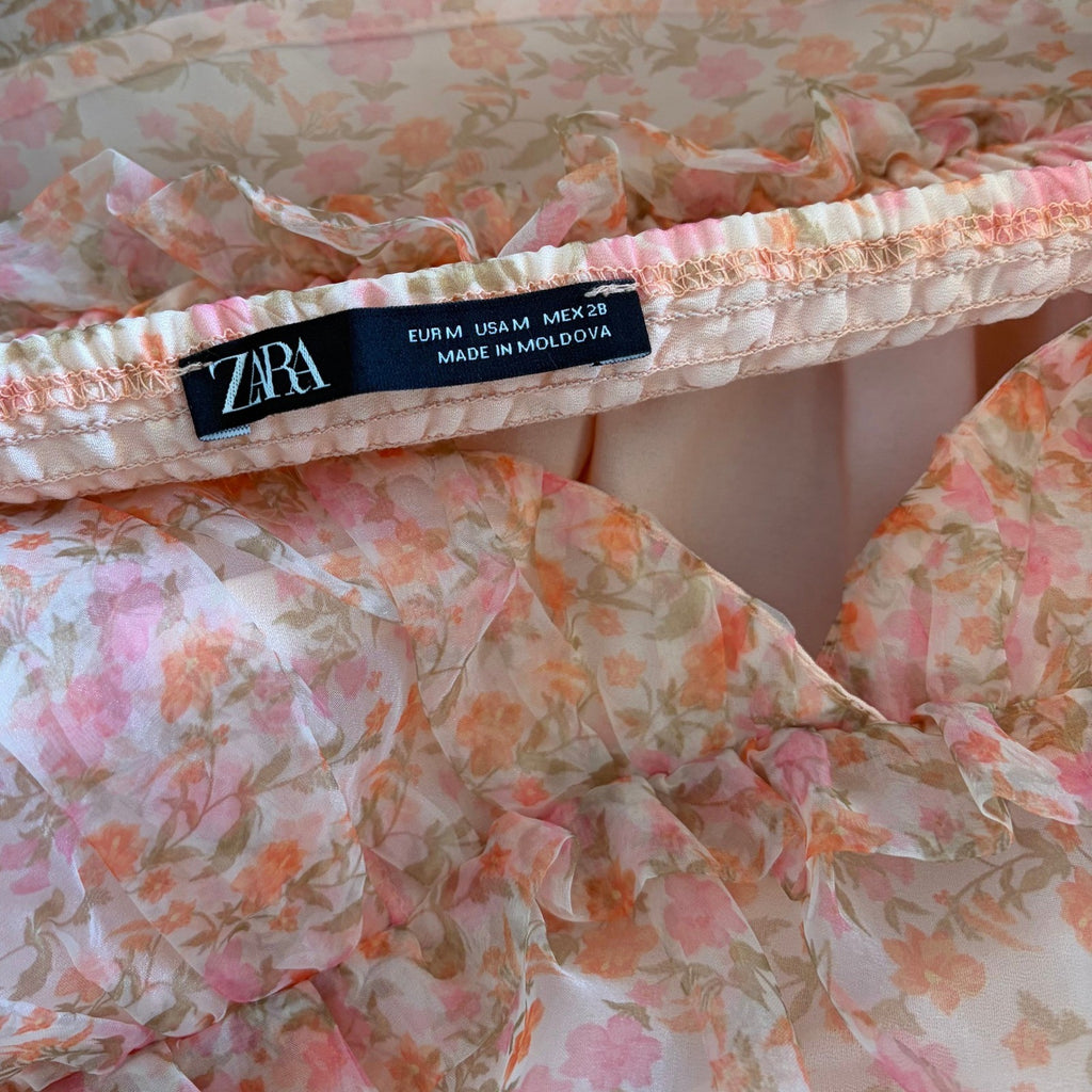 ZARA Organza Pink Peach Floral Maxi Dress Tiered Sundress Summer Vacation Medium
