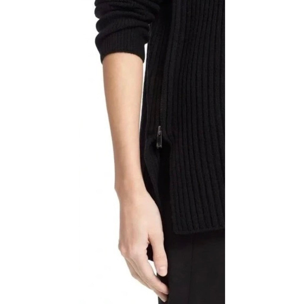 VINCE Cashmere Wool Ribbed Cowl Turtleneck Sweater Side Zipper Solid Black Small