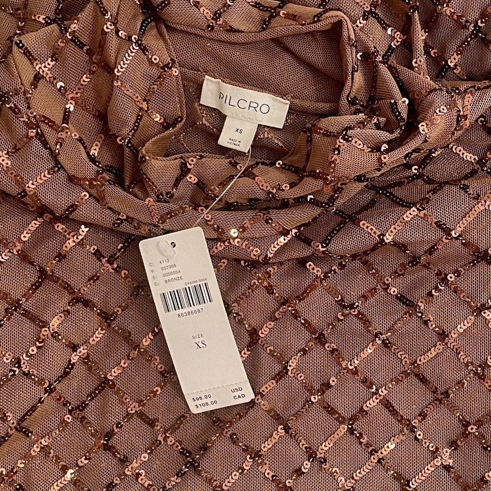 NWT!! Anthropologie PILCRO Turtleneck Sequin Top Shirt Bronze Party Glam X-Small