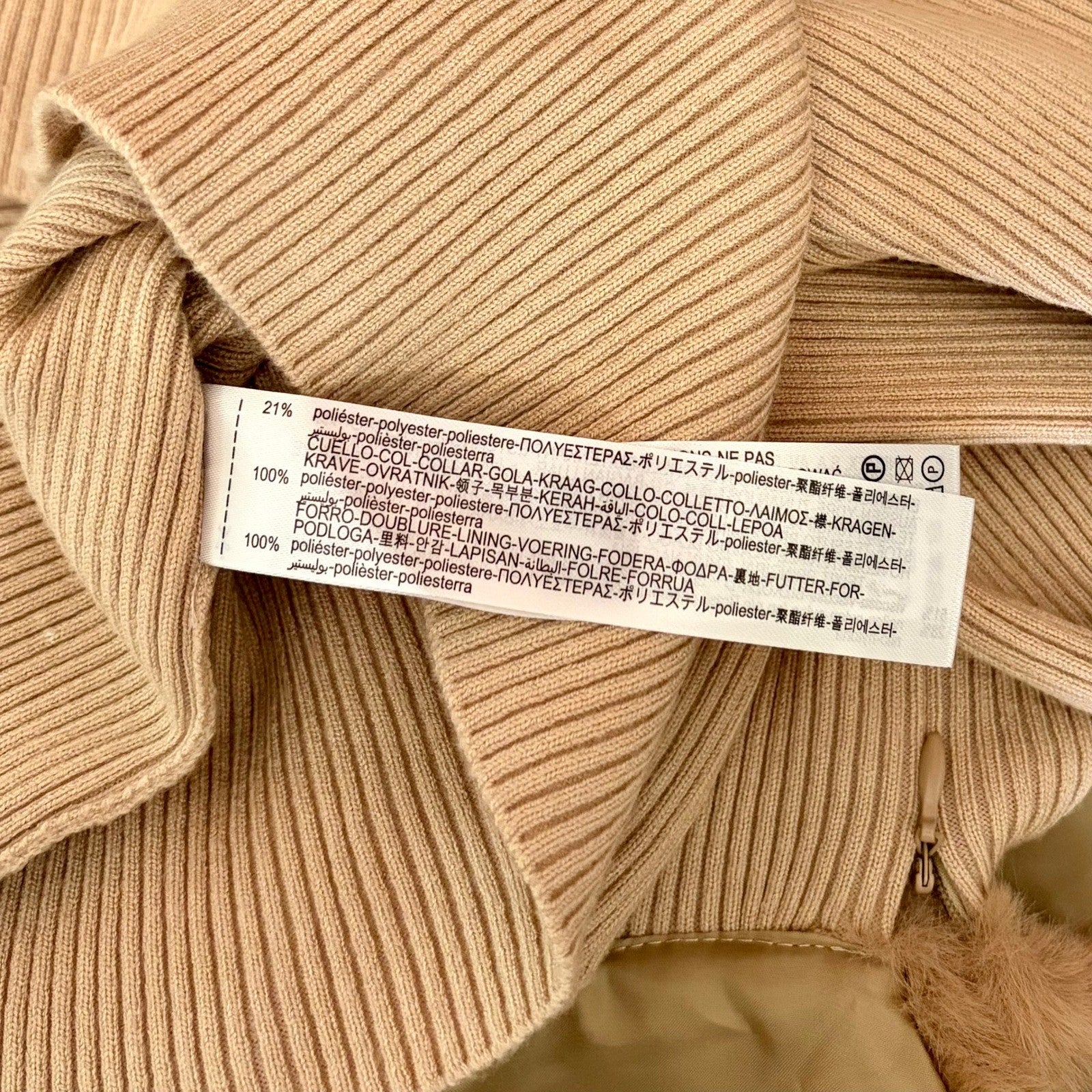 NWT!! ZARA Faux Fur Lapel Knit Sweater Tan Light Brown Zipper Pullover Small