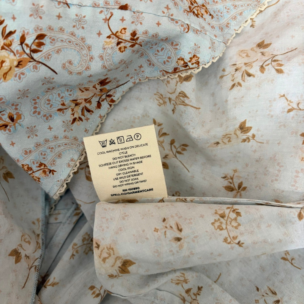 SPELL & THE GYPSY Fleur Frill Bias Maxi Dress Teapot Blue Floral Bohemian Large