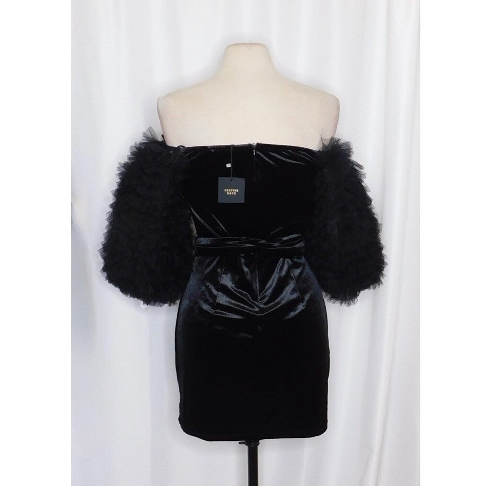 NWT!! ZARA Black Velvet Dress Ruffled Tulle Sleeves Rhinestone Party Cocktail