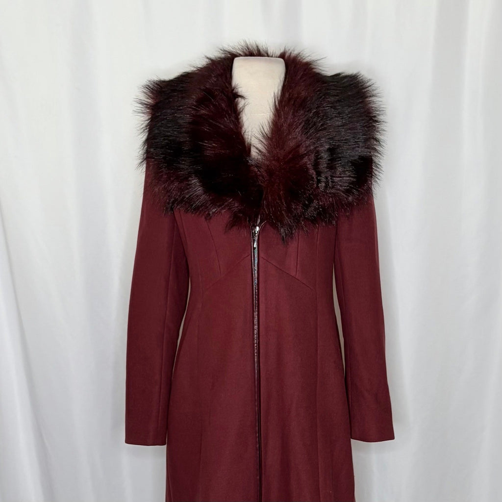 WHBM Burgundy Long Coat Removable Faux Fur Collar White House Black Market XS