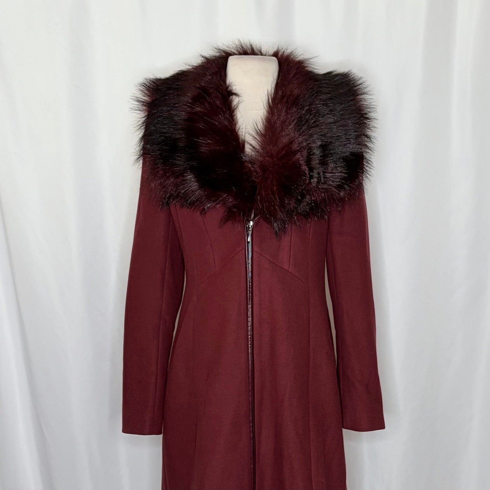 WHBM Burgundy Long Coat Removable Faux Fur Collar White House Black Market XS