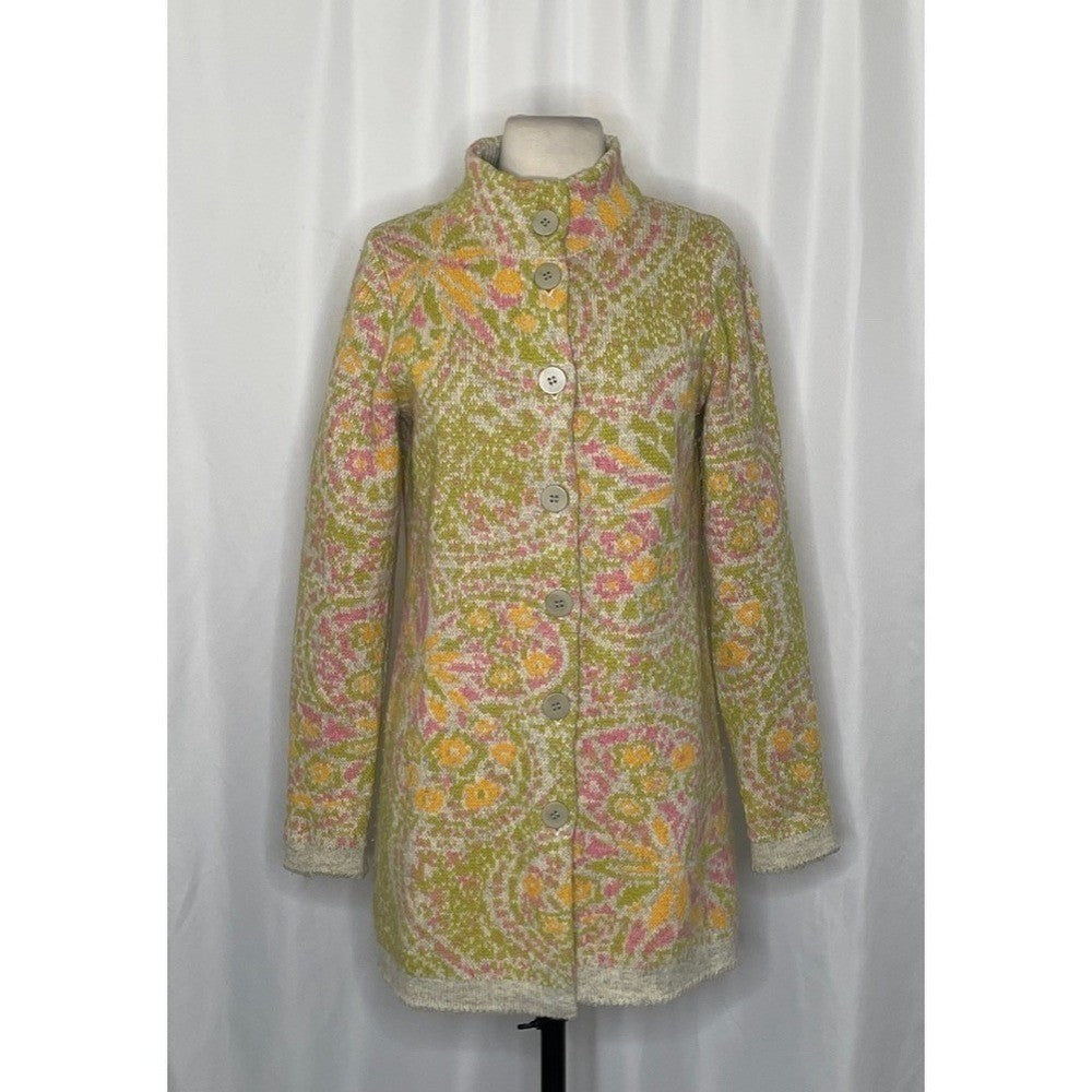 SUNDANCE Floral Longline cardigan Sweater Lambswool Mock Neck XSP X-Small Petite