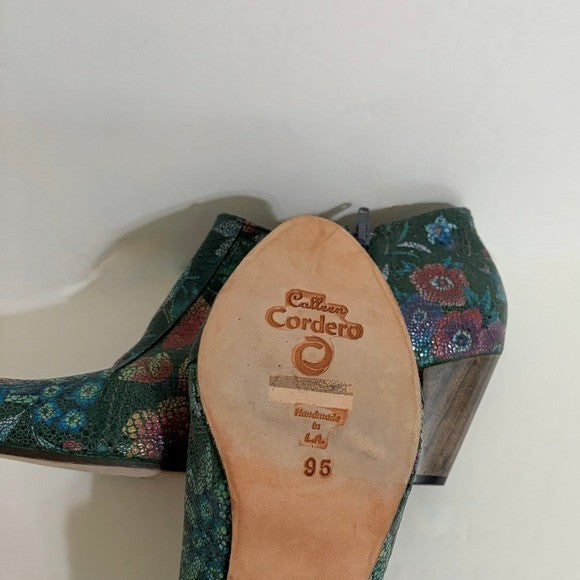 CALLEEN CORDERO Leather Green Floral Print Ankle Boots Booties Chunky Heels 9.5