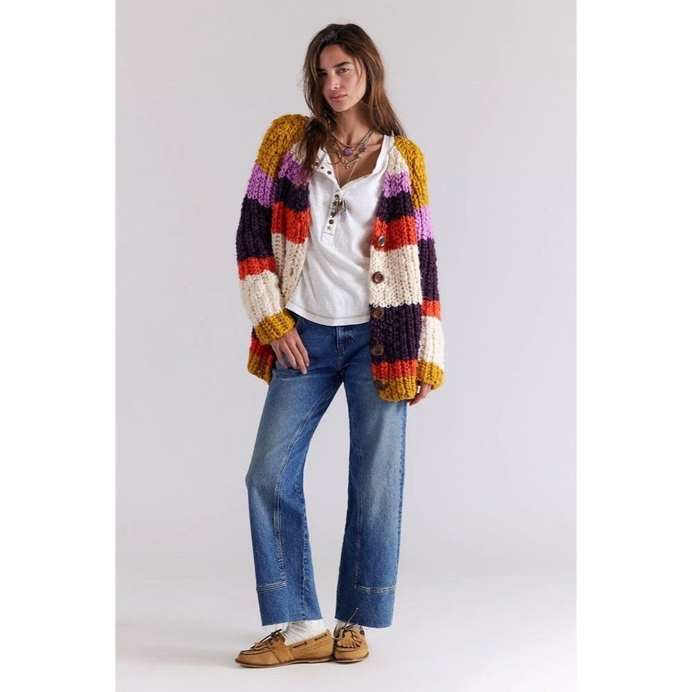 NWT!! FREE PEOPLE Myles Stripe Cardi Chunky Knit Cardigan Sweater X-Small