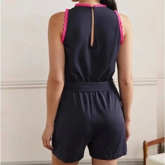 BODEN Caitlin Jersey Knit Romper Playsuit Crochet Trims Navy Blue Pink 8 Tall