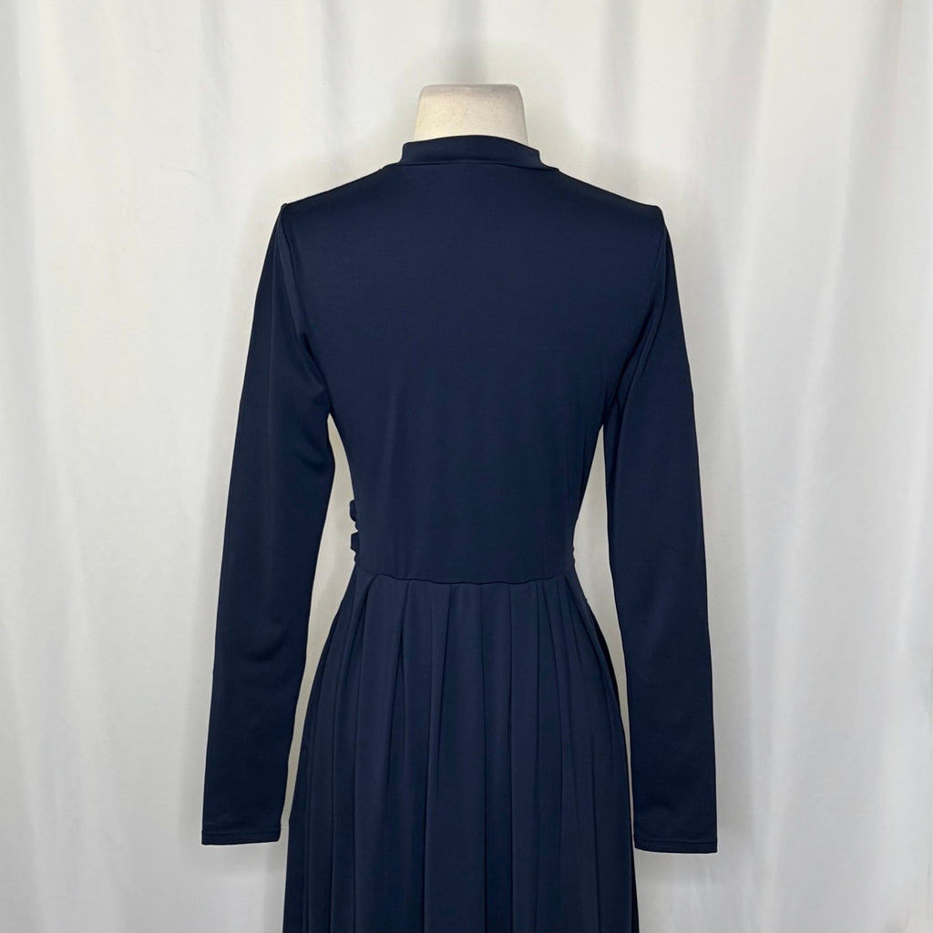 HALARA Navy Blue Mock Neck Long Sleeve Pocket Flare Maxi Casual Dress Knit XS