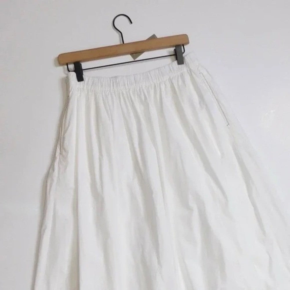 NWT!! J. CREW Contrast-Stitch Midi Skirt Cotton Poplin Solid White Navy Blue 14
