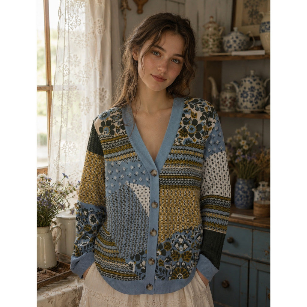 APPLESEED'S Patchwork Cardigan Sweater Floral Fairisle Fair Isle Geometric Large