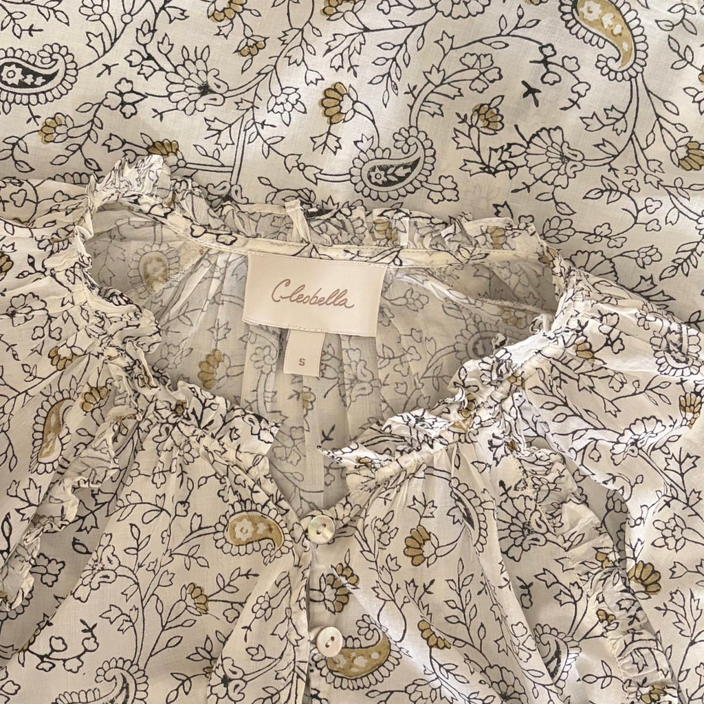 CLEOBELLA Ivy Blouse Woodblock Floral Paisley Print Top Smocked Ruffled Small