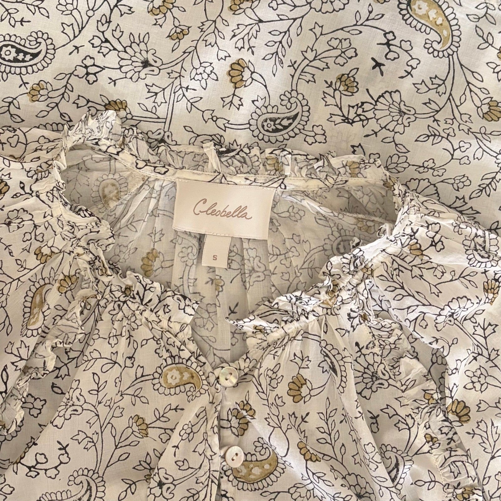 CLEOBELLA Ivy Blouse Woodblock Floral Paisley Print Top Smocked Ruffled Small