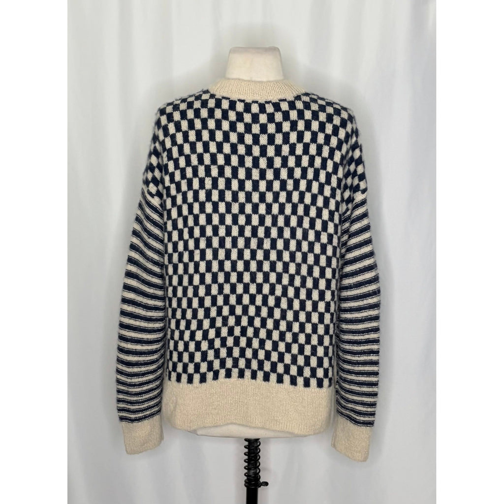 MADEWELL Crewneck Sweater Checked Stripe Classic Indigo Blue Ivory Knit Medium
