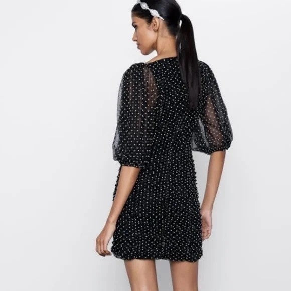 ZARA Chiffon Black Polka Dot Ruched Mini Dress Black Gray Party Blogger Small