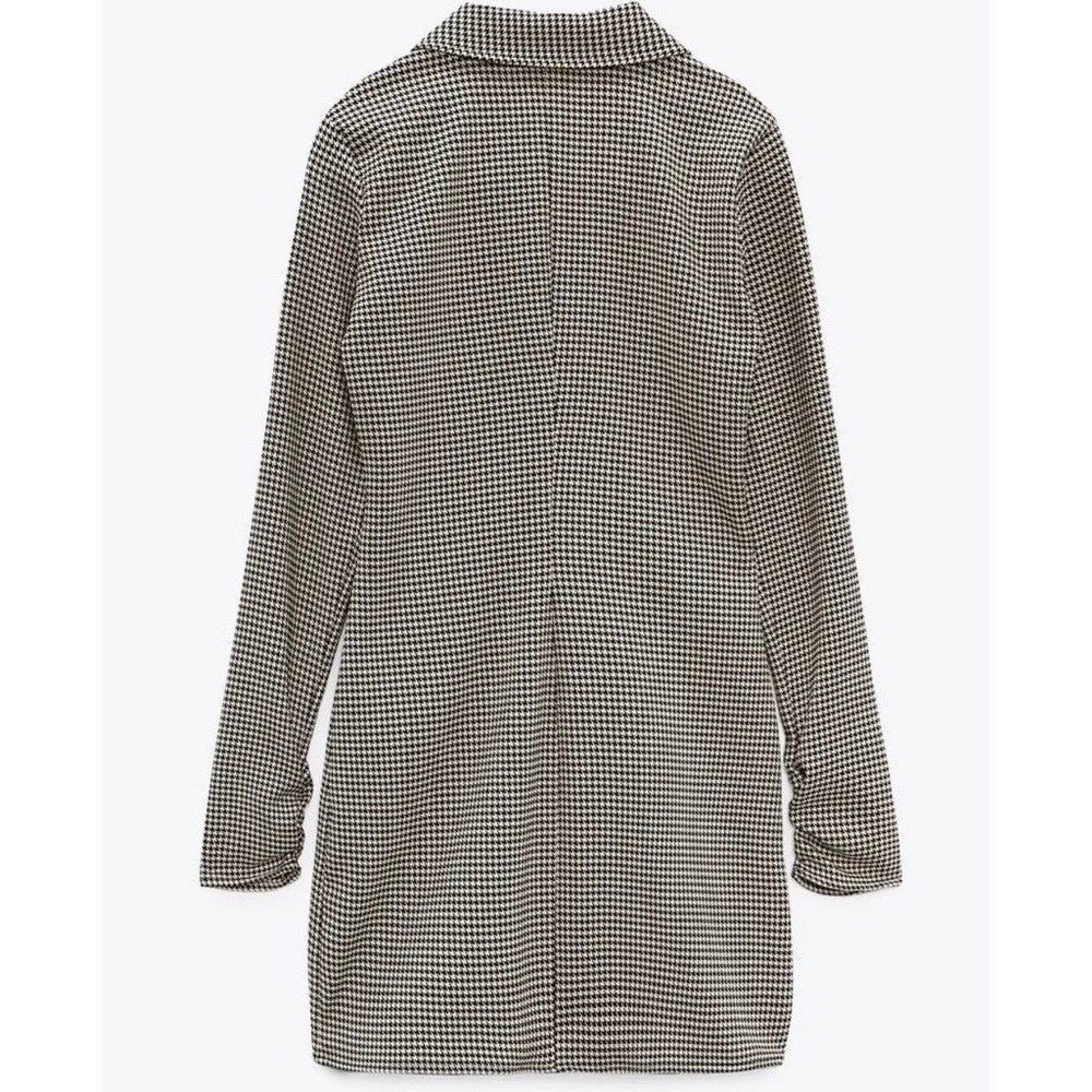 ZARA Houndstooth Black Tan Shirtdress Ruched Preppy Plaid Shirt Dress Medium