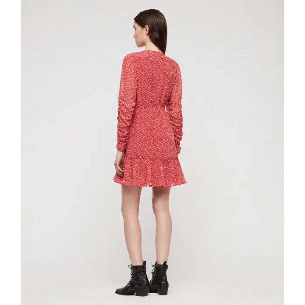 ALLSAINTS Flores Heart Print Wrap Dress Ruched Ruffle Red All Saints X-Small