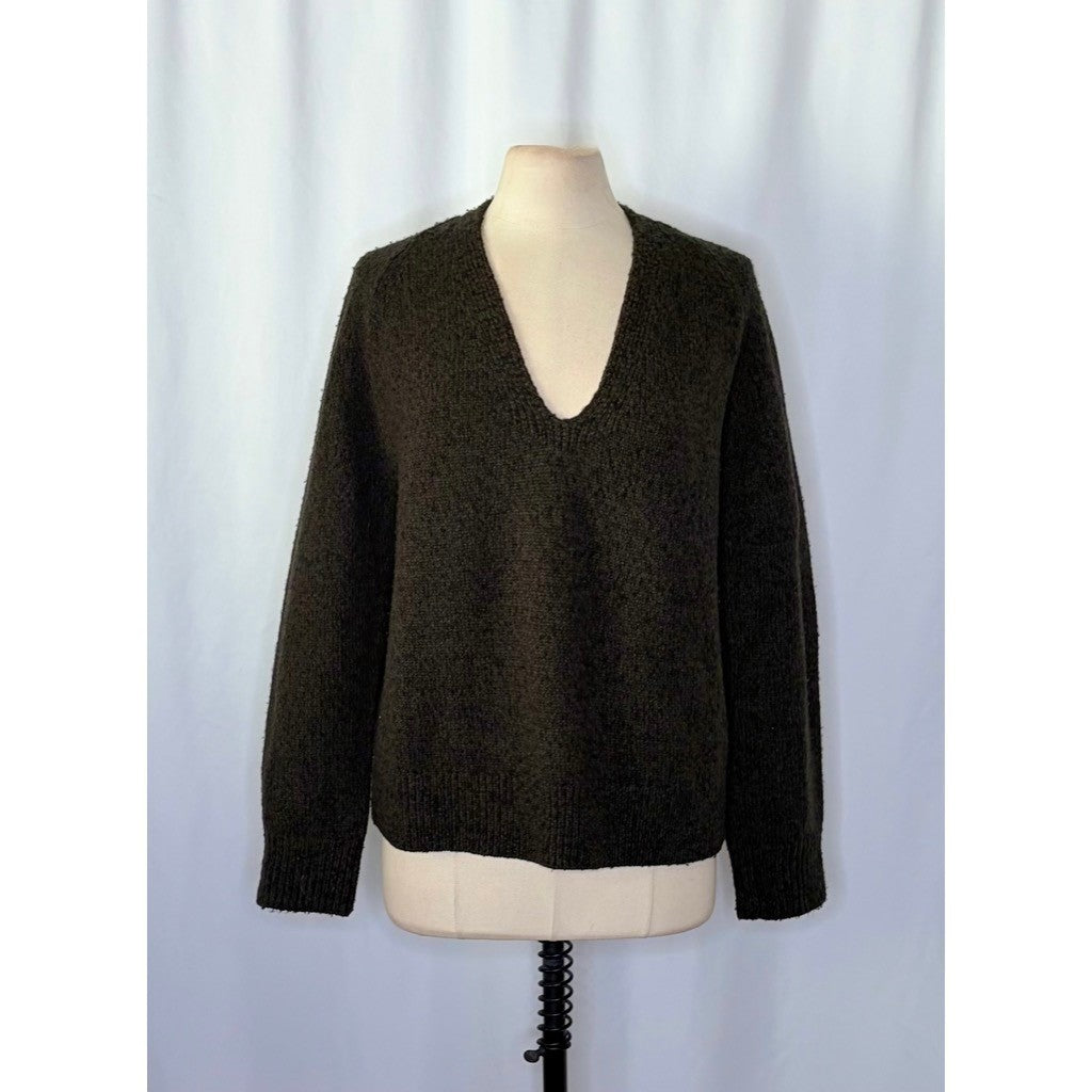 VINCE Merino Wool Cashmere V Neck Sweater Raglan Pullover Green Marled Large
