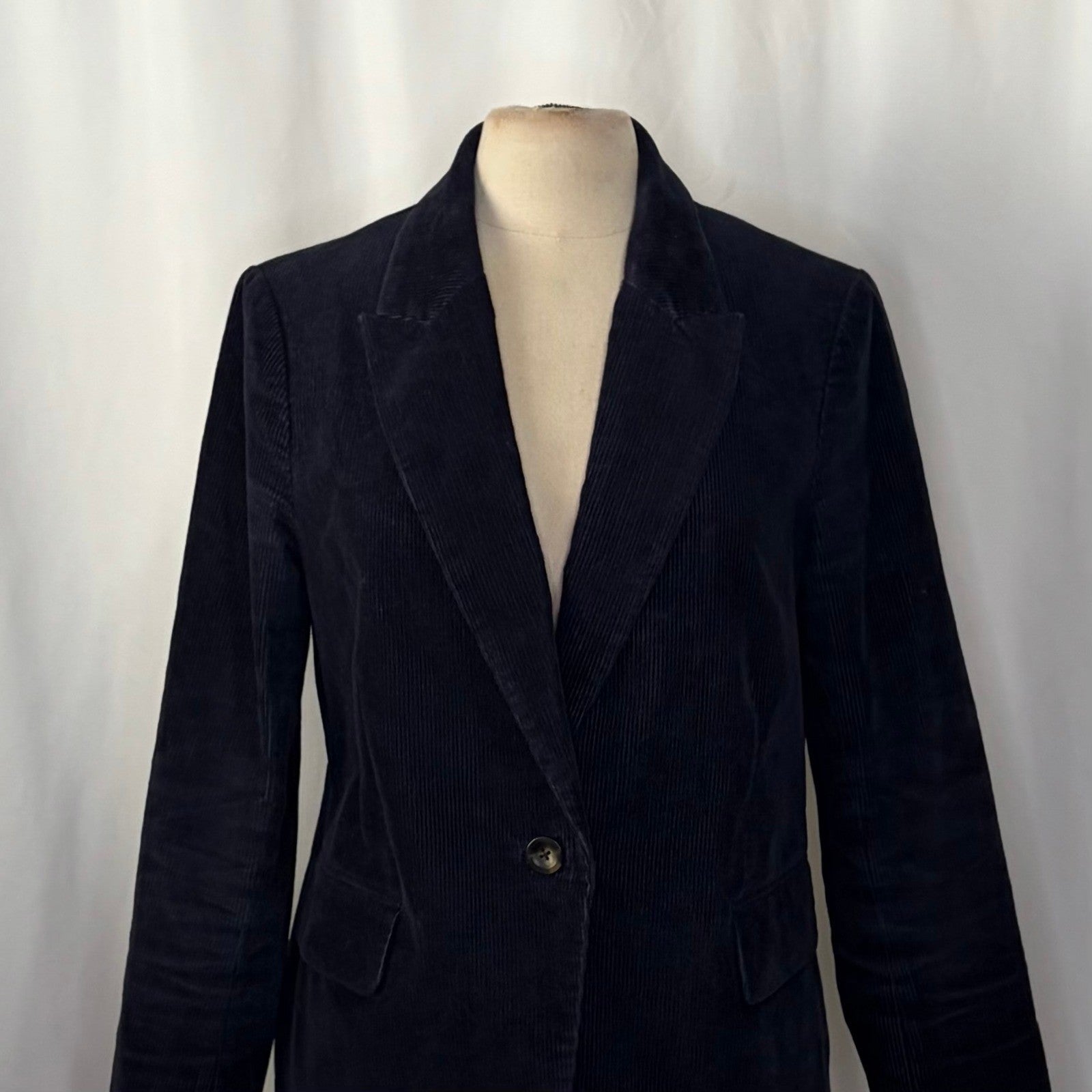 BODEN Navy Blue Corduroy Blazer Jacket Single Button Flap Pockets Preppy Size 10