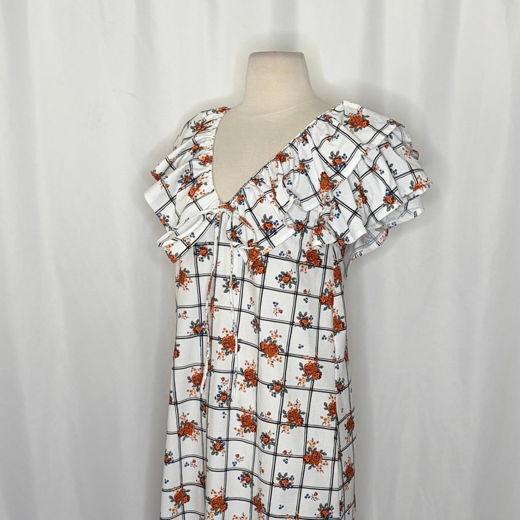 NWT!! ZARA Floral Plaid Lattice Ruffle Sleeve Dress Shift Blogger Favorite Large