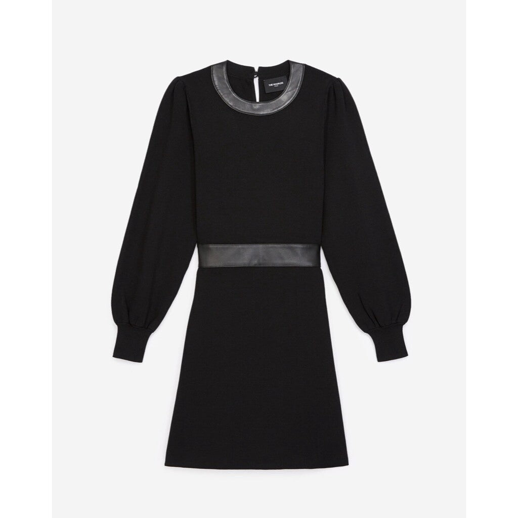 THE KOOPLES Black Knit Faux Leather Trimmed Dress Puff Sleeves Size 3 / Large