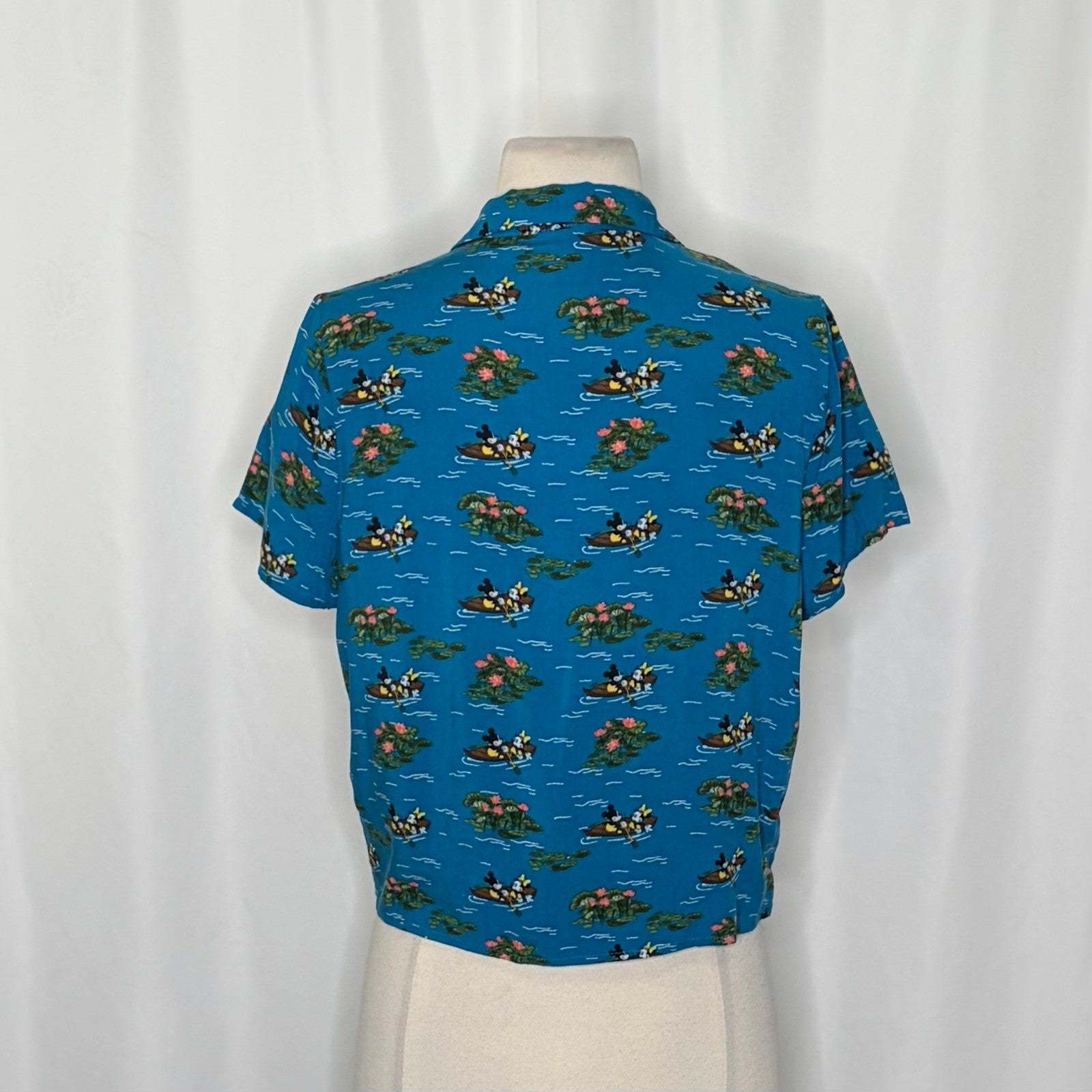 DISNEY Mickey Mouse Minnie Mouse Cropped Tie Waist Buttondown Shirt Blue Small
