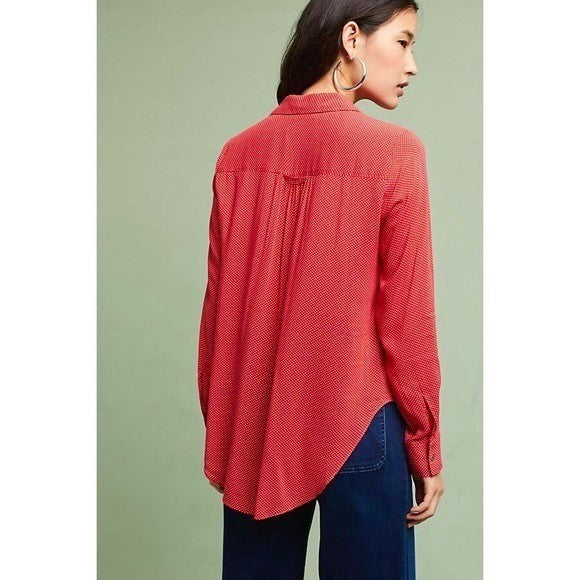 Anthropologie MAEVE Matilda Buttondown Tie Waist Red Polka Dot Swiss Dot Large