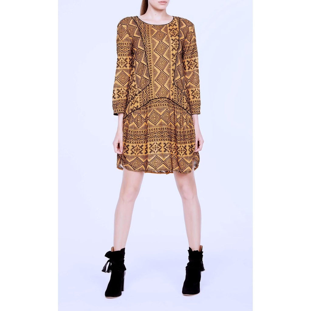 BA&SH Mara Embroidered Geometric Drop Waist Dress Golden Yellow Size 2 / Medium