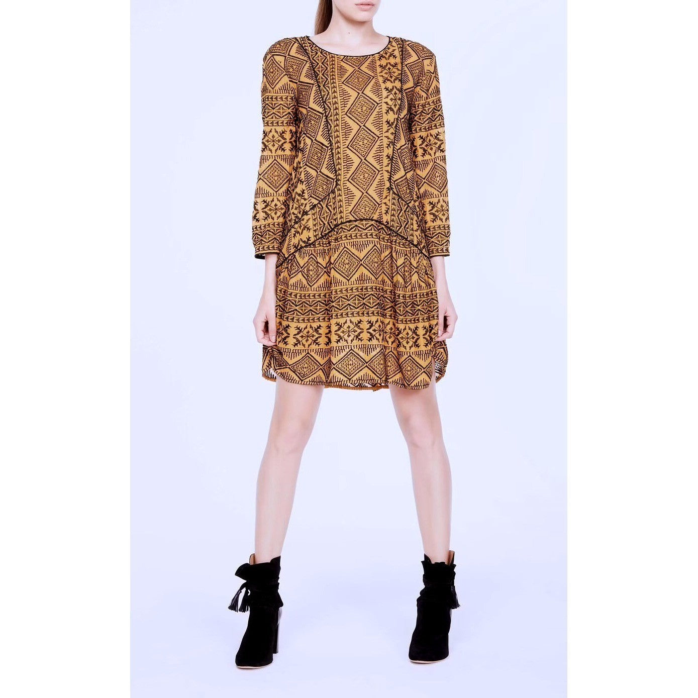BA&SH Mara Embroidered Geometric Drop Waist Dress Golden Yellow Size 2 / Medium