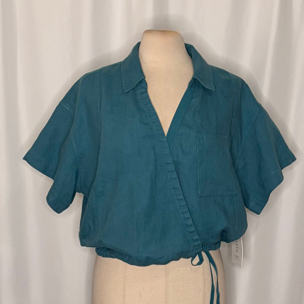 NWT!! ATHLETA Playa Linen Tie Waist Top Borealis Green Teal Cropped Solid XL