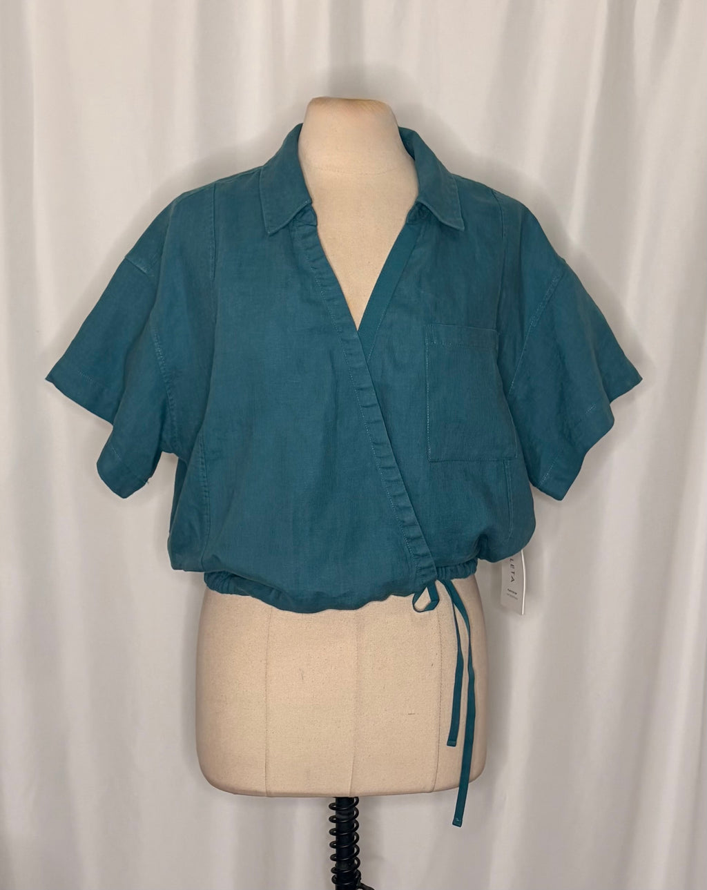 NWT!! ATHLETA Playa Linen Tie Waist Top Borealis Green Teal Cropped Solid XL