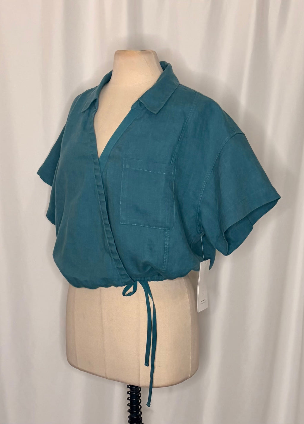 NWT!! ATHLETA Playa Linen Tie Waist Top Borealis Green Teal Cropped Solid XL