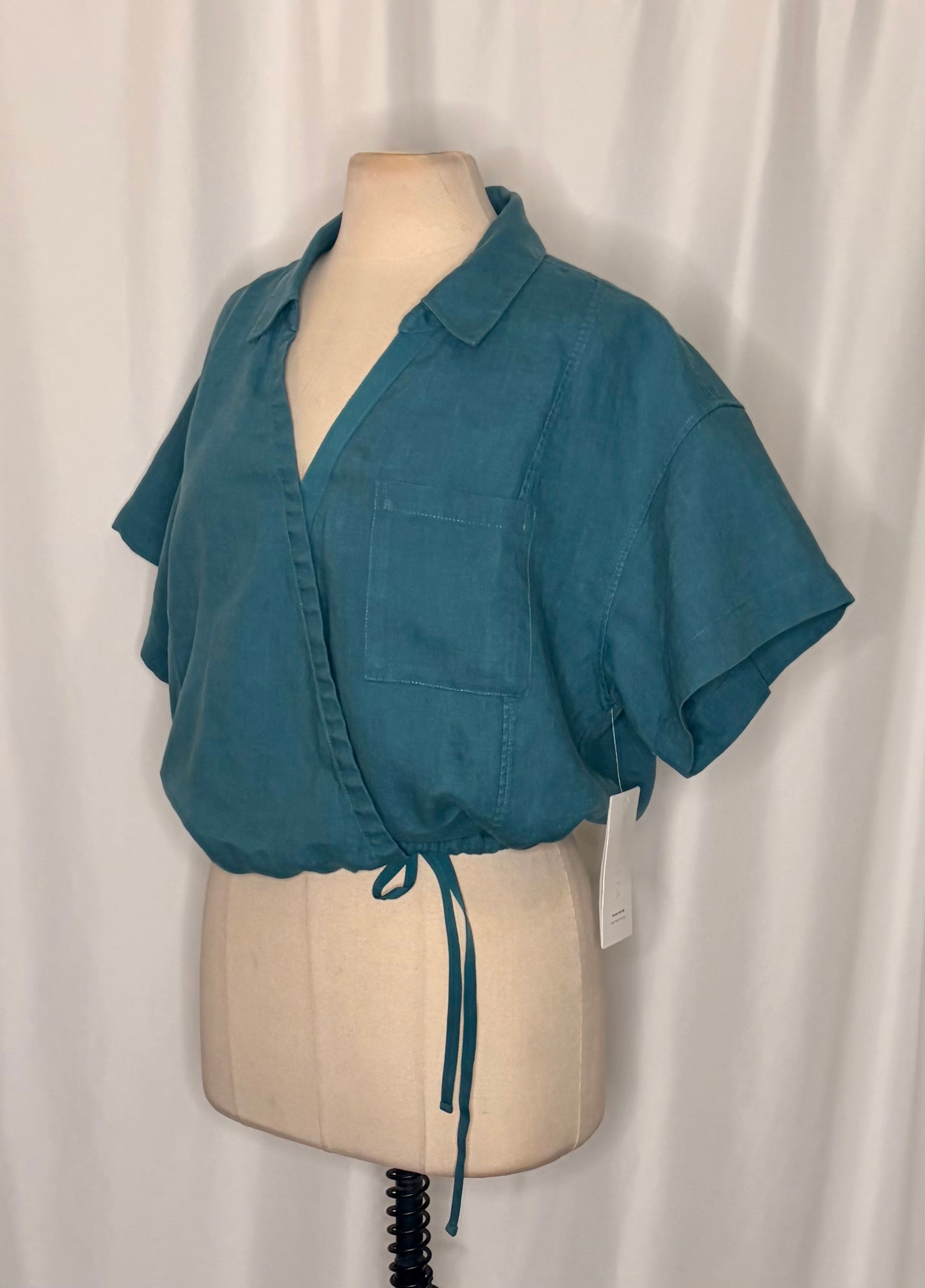 NWT!! ATHLETA Playa Linen Tie Waist Top Borealis Green Teal Cropped Solid XL