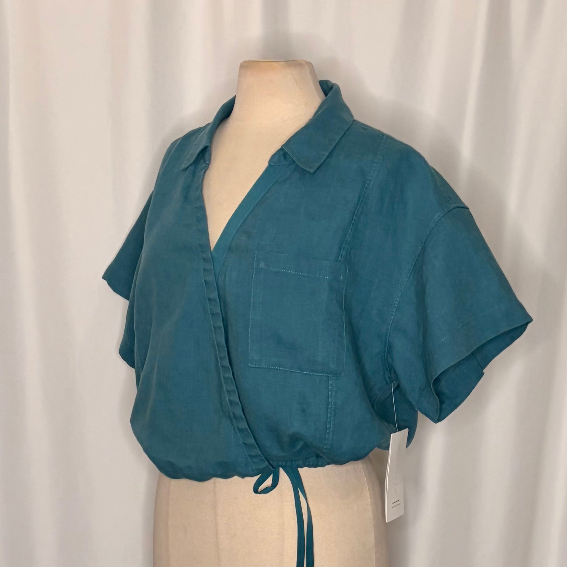 NWT!! ATHLETA Playa Linen Tie Waist Top Borealis Green Teal Cropped Solid XL
