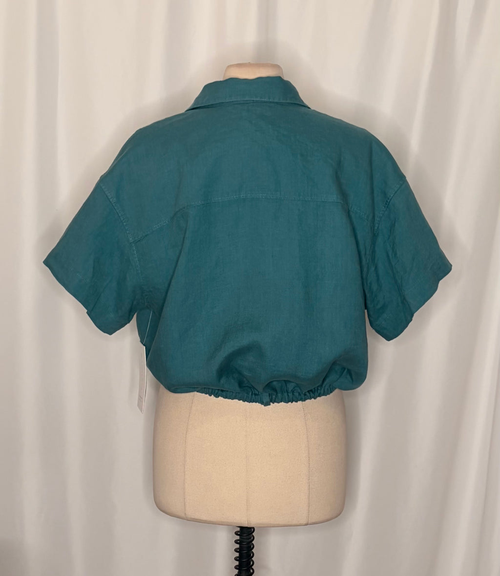 NWT!! ATHLETA Playa Linen Tie Waist Top Borealis Green Teal Cropped Solid XL