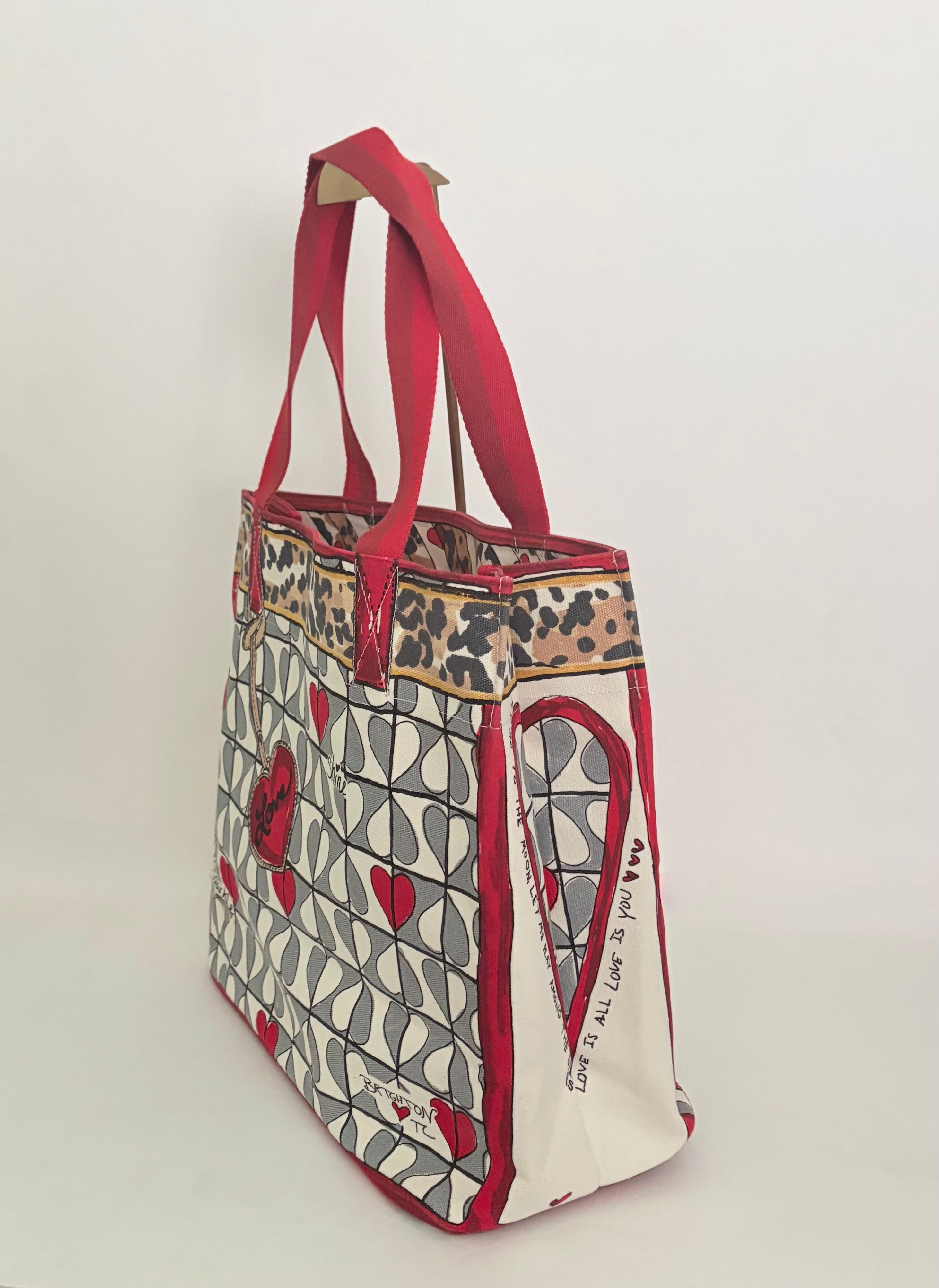 BRIGHTON Wild Love Tote Cat Hearts Animal Print Leopard Purse Canvas Bag