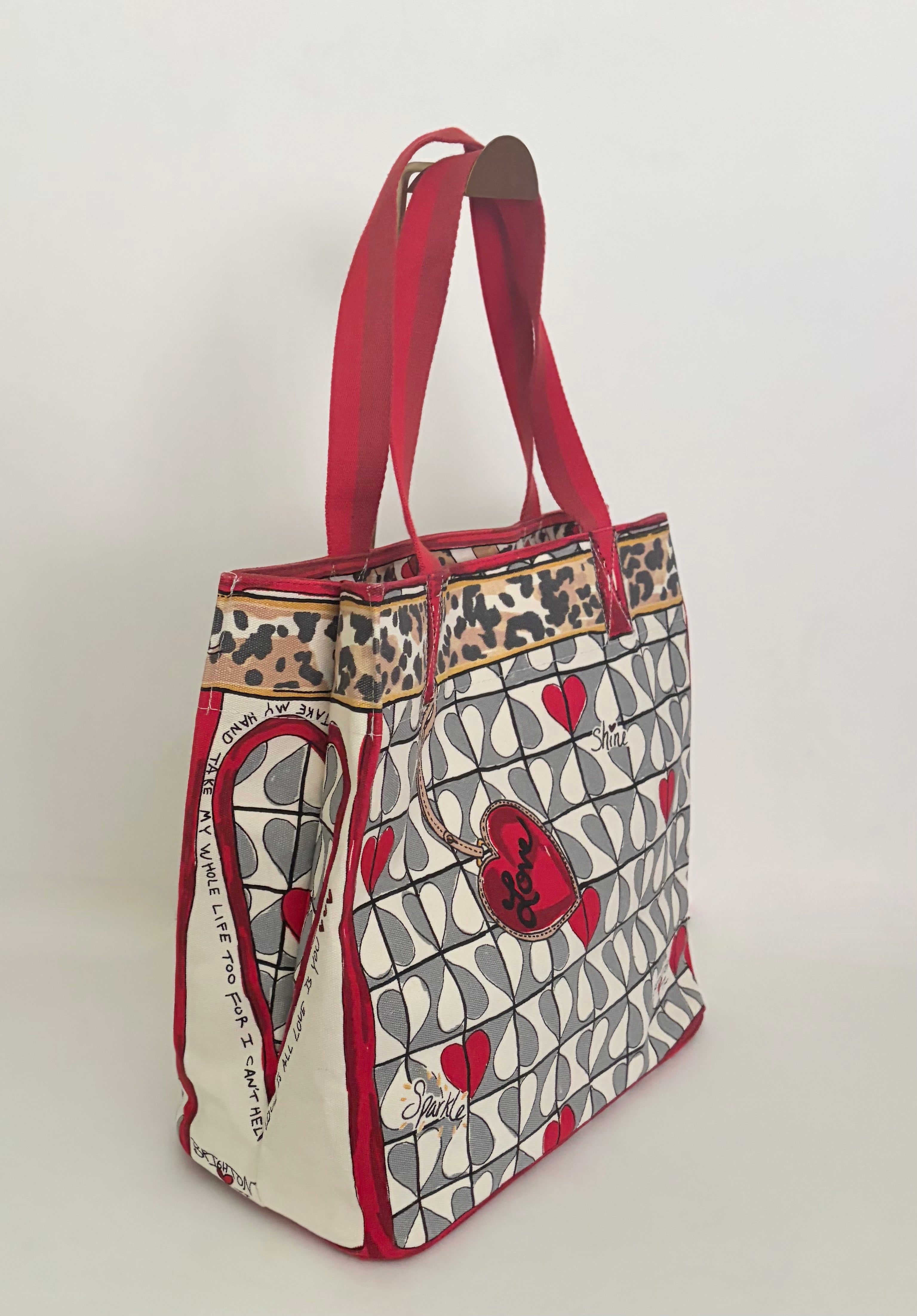 BRIGHTON Wild Love Tote Cat Hearts Animal Print Leopard Purse Canvas Bag