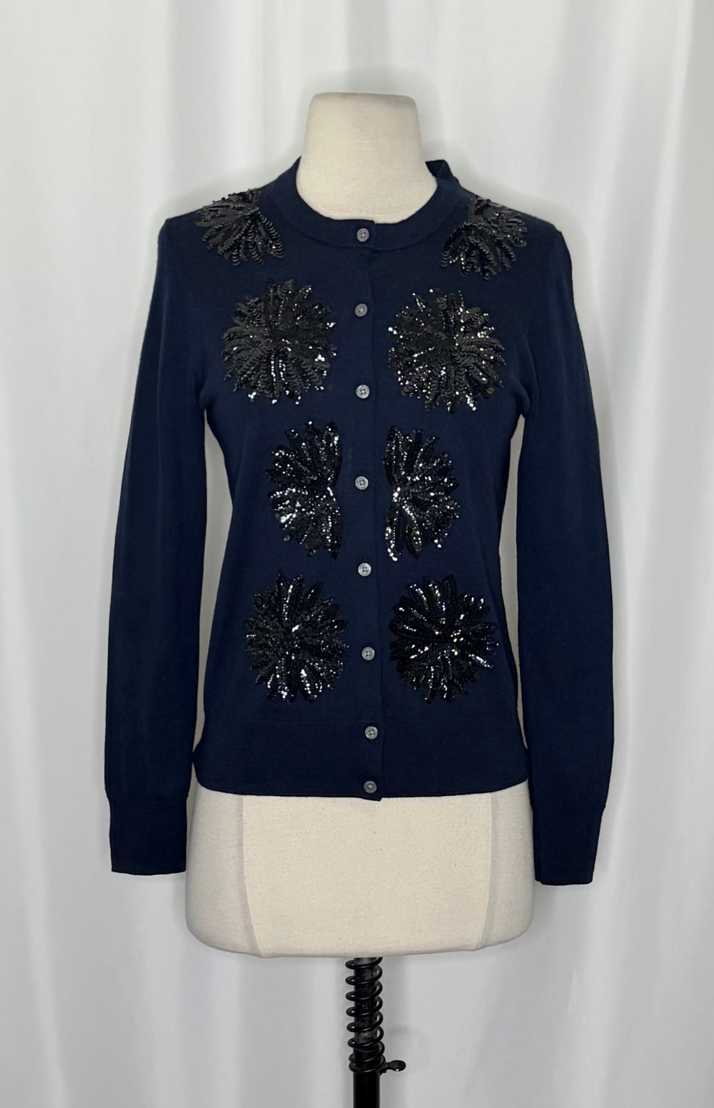 J.Crew Jackie Sequin Flower Merino Wool Cardigan Sweater Navy Medium