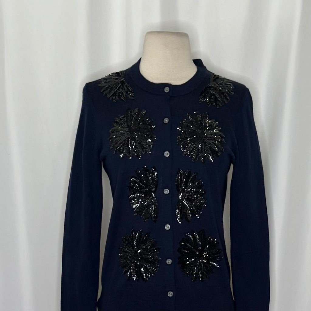 J.Crew Jackie Sequin Flower Merino Wool Cardigan Sweater Navy Medium