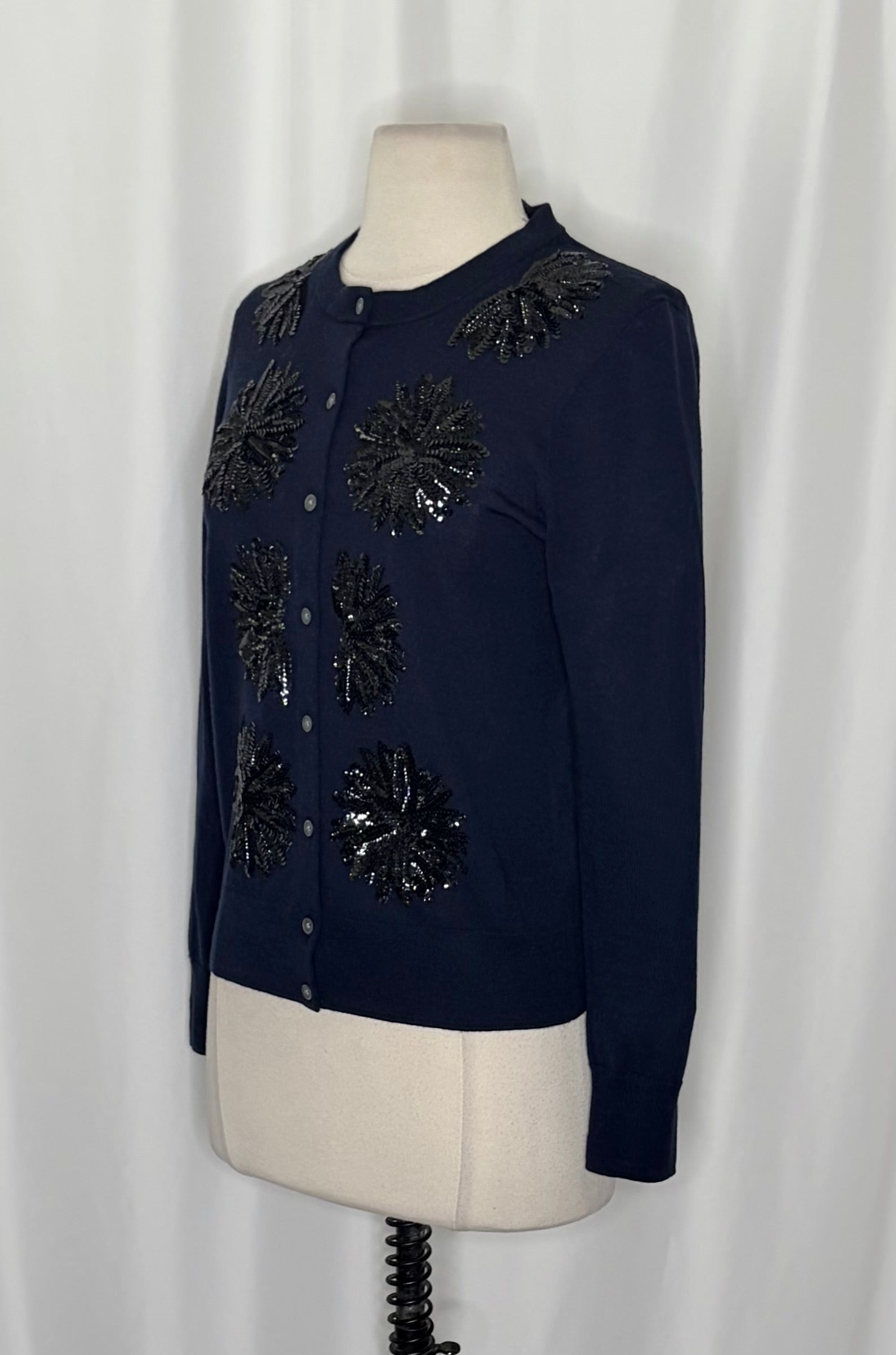 J.Crew Jackie Sequin Flower Merino Wool Cardigan Sweater Navy Medium