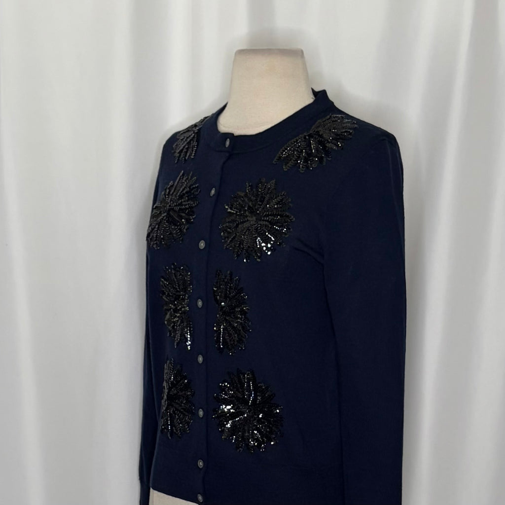 J.Crew Jackie Sequin Flower Merino Wool Cardigan Sweater Navy Medium