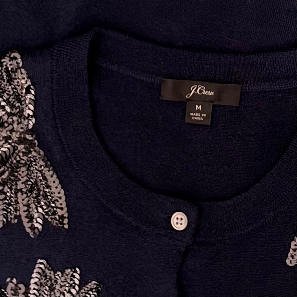 J.Crew Jackie Sequin Flower Merino Wool Cardigan Sweater Navy Medium