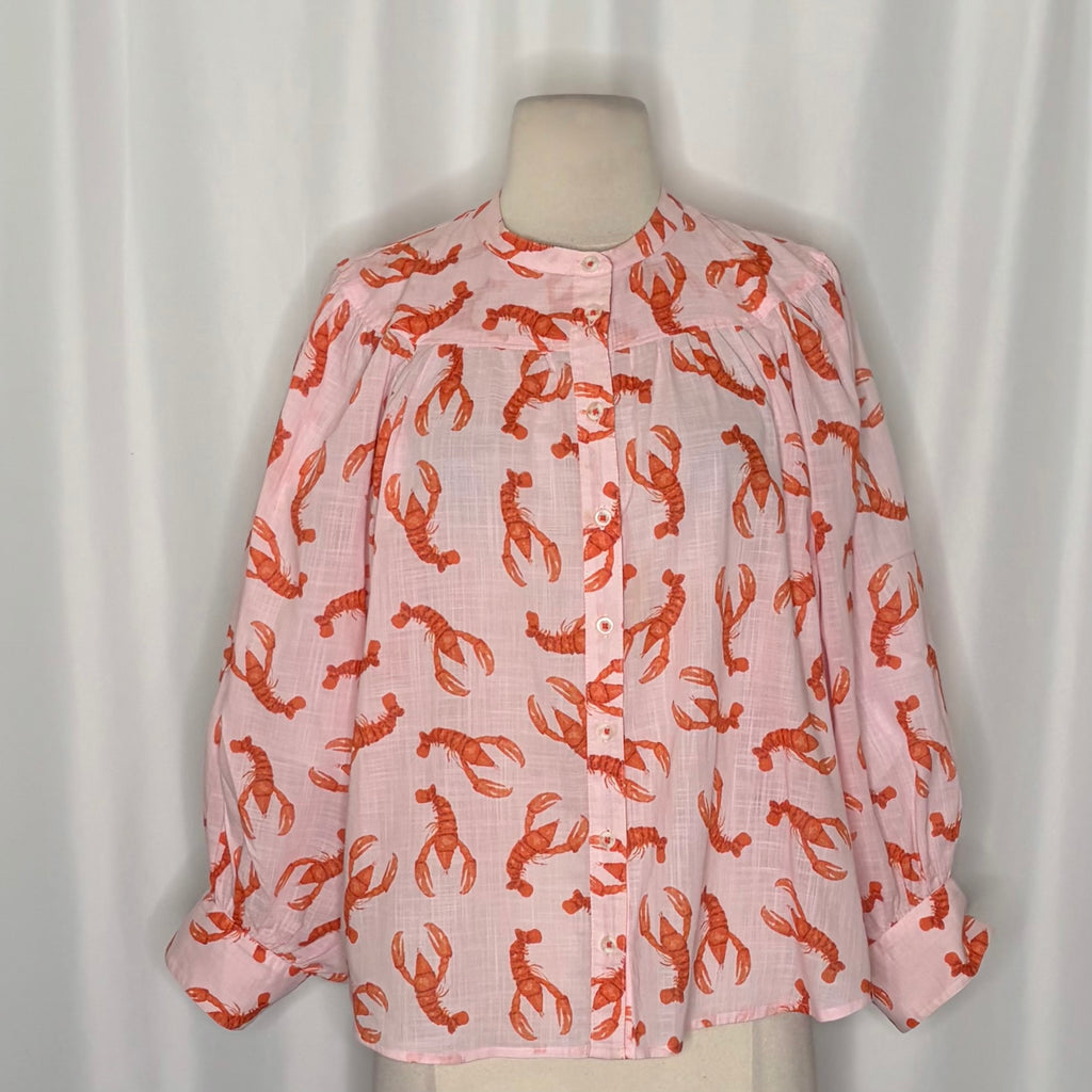 Anthropologie MAEVE Lobster Print Cotton Button Down Blouse Top Cropped Medium