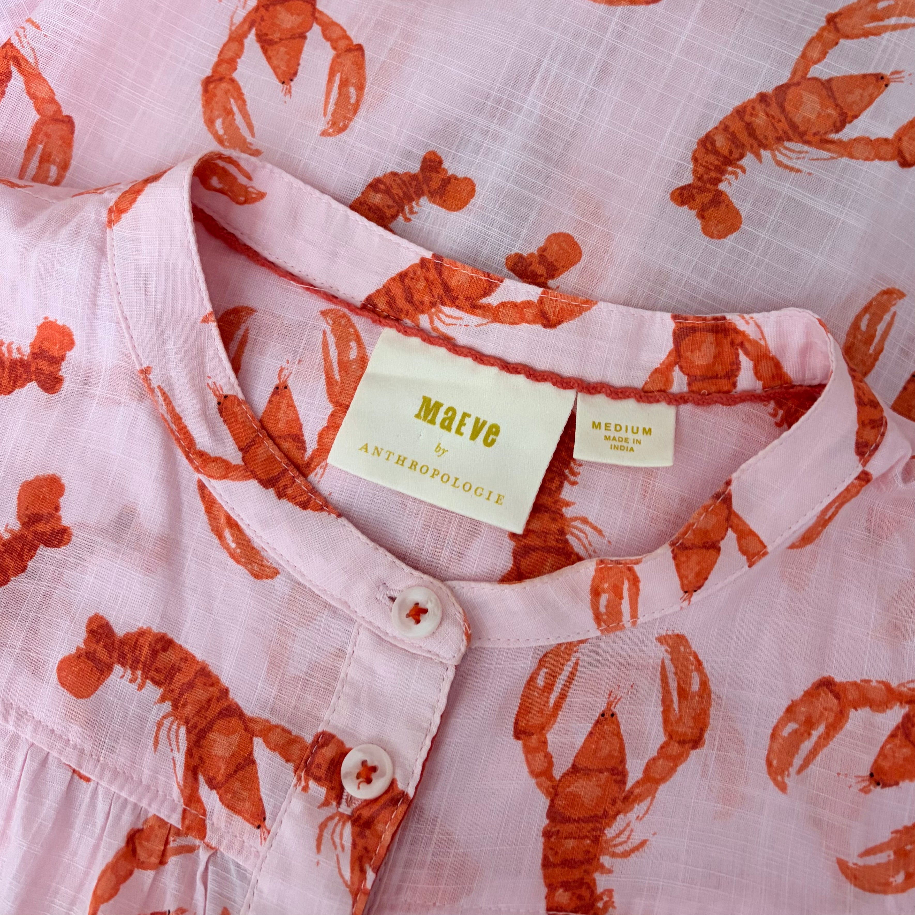 Anthropologie MAEVE Lobster Print Cotton Button Down Blouse Top Cropped Medium