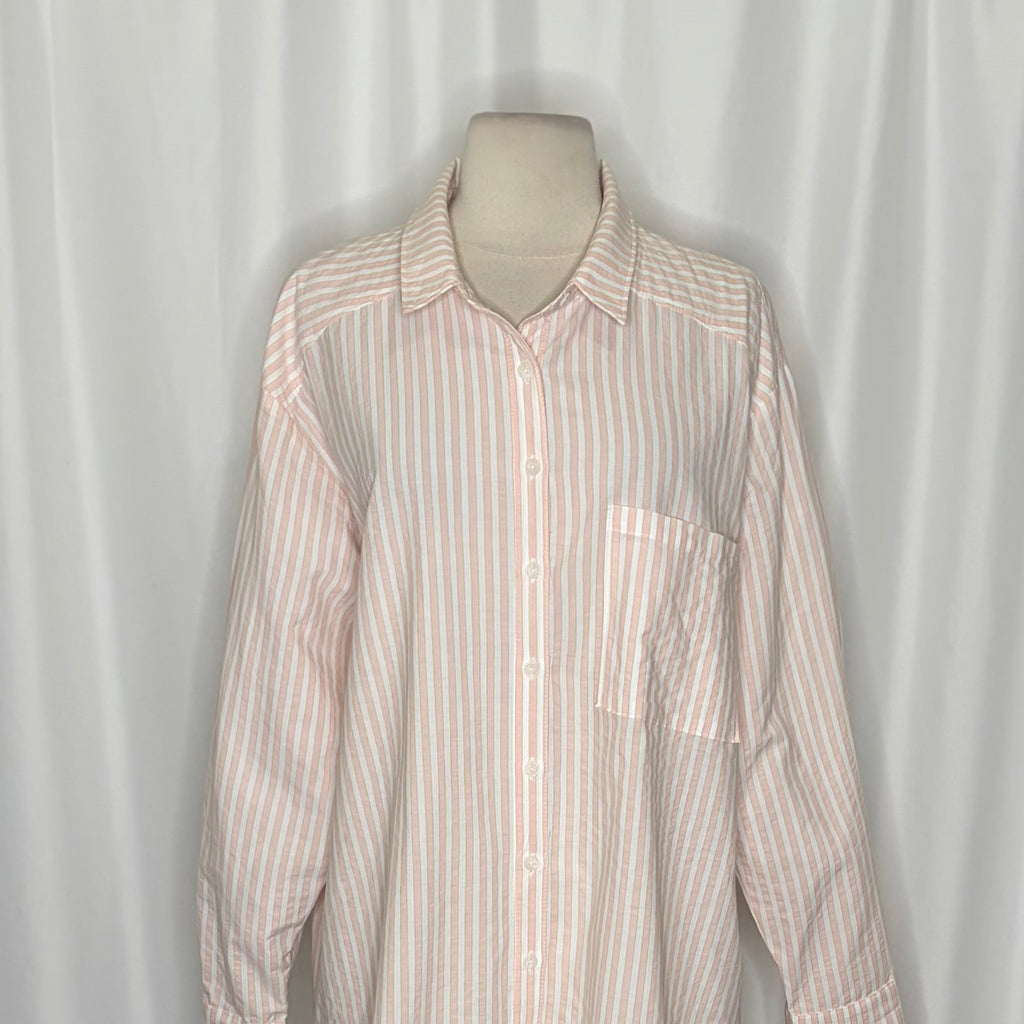 By ANTHROPOLOGIE Longline Button Down Pink White Stripe Shirt Buttondown Large
